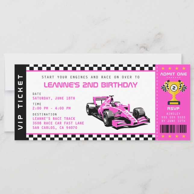 Pink Race Car Ticket Pass Girl Birthday Party Invitation (Front)