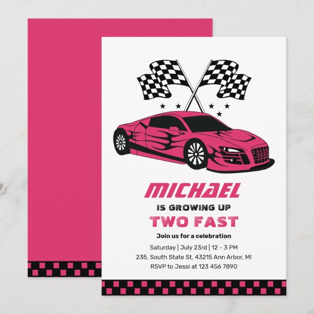 Pink Race Car Two Fast Boys 2nd Birthday Invitation (Front/Back)