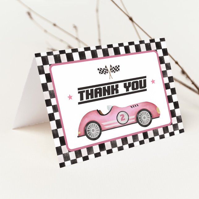 Pink Race Car Two Fast Girl Birthday Party Thank You Card (Creator Uploaded)
