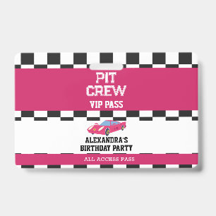 Pink Race Car Vip Pass Pit Crew Birthday Party ID Badge