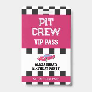 Pink Race Car Vip Pass Pit Crew Birthday Party ID Badge