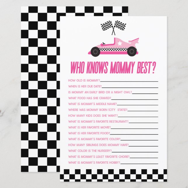 Pink Race Car Who Knows Mummy Baby Shower Game (Front/Back)