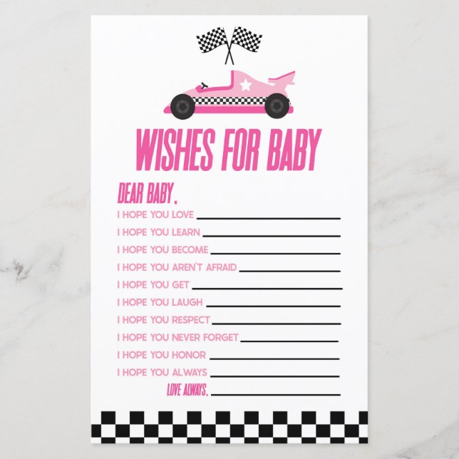 Pink Race Car Wishes For Baby Shower Game (Front)