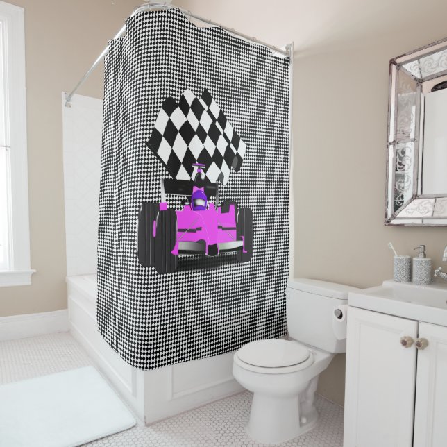 Pink Race Car with Chequered Flag Shower Curtain (In Situ)