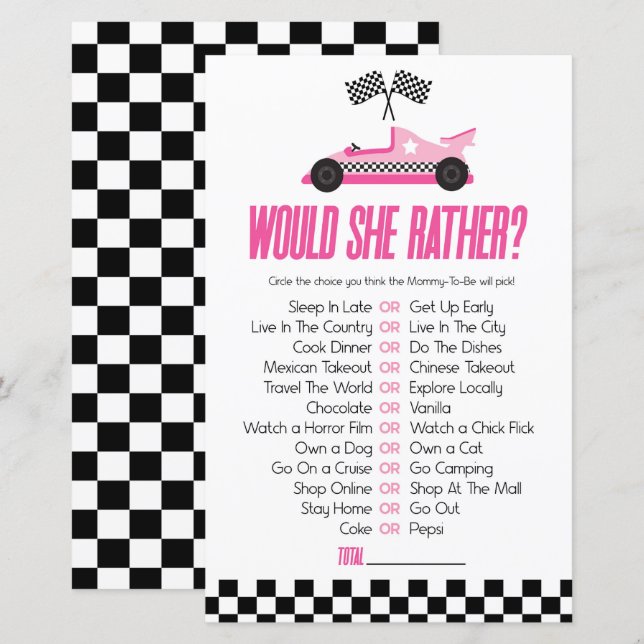 Pink Race Car Would She Rather Baby Shower Game (Front/Back)