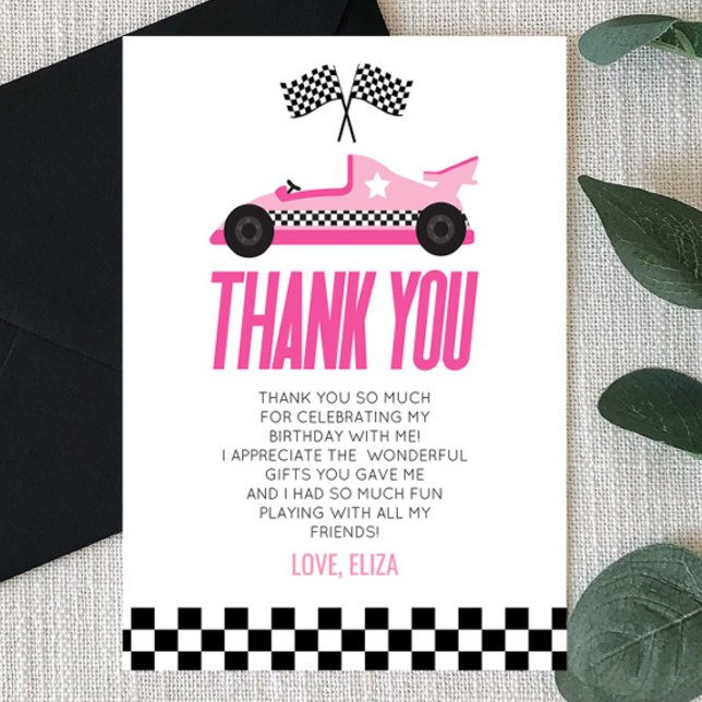 Pink Racecar Race Car Birthday Party Thank You Card (Creator Uploaded)