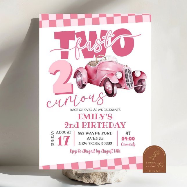 Pink Racing Car Two Fast Two Curious 2nd Birthday Invitation (Creator Uploaded)