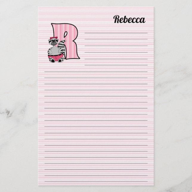 Pink Racoon Mongram Letter R with Name Lined Stationery (Front)