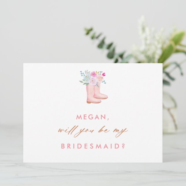 Pink Rain Boots & Flowers Bridesmaid Proposal Card (Standing Front)
