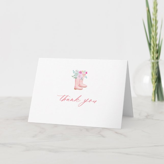 Pink Rain Boots & Flowers Folded Bridal Shower Thank You Card (Front)