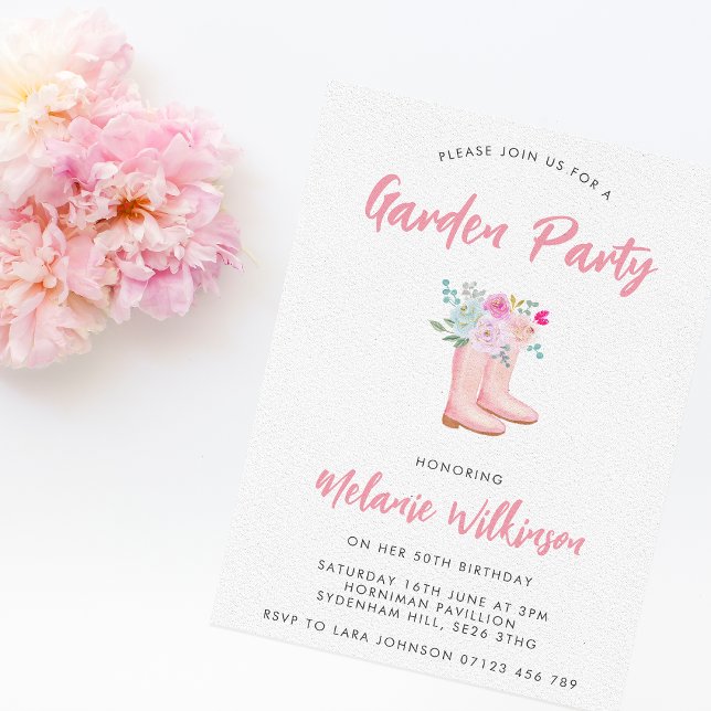 Pink Rain Boots & Flowers Garden Party Birthday Invitation (Creator Uploaded)