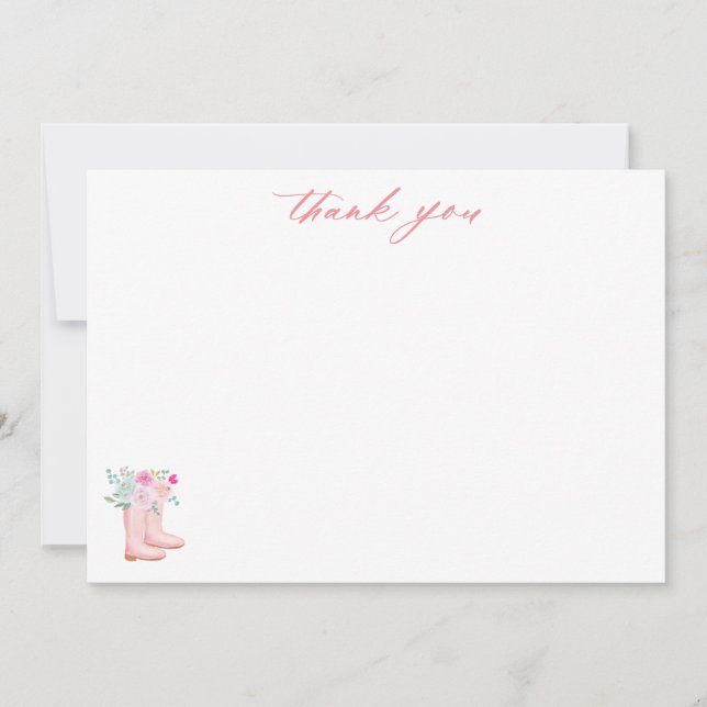 Pink Rain Boots & Flowers Script Bridal Shower Thank You Card (Front)