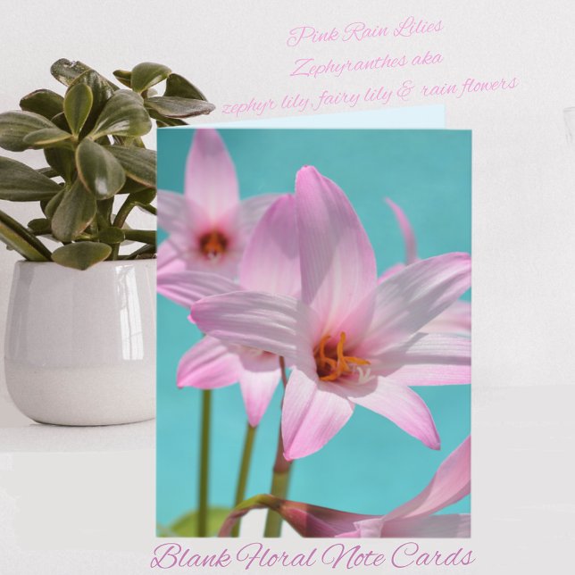 Pink Rain Lilies Aqua Blue Blank Note Card (Creator Uploaded)