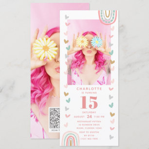 Pink Rainbow 15th Modern Photo Birthday Party Invitation