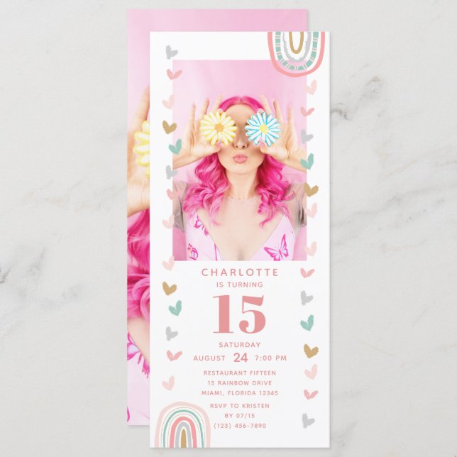 Pink Rainbow 15th Modern Photo Birthday Party Invitation (Front/Back)