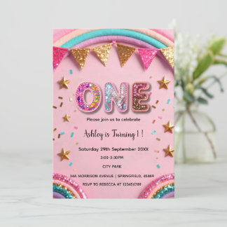 Pink Rainbow 1st Birthday Sequin Rainbow Girls Invitation