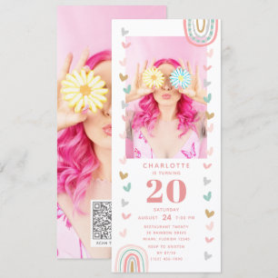 Pink Rainbow 20th Modern Photo Birthday Party Invitation