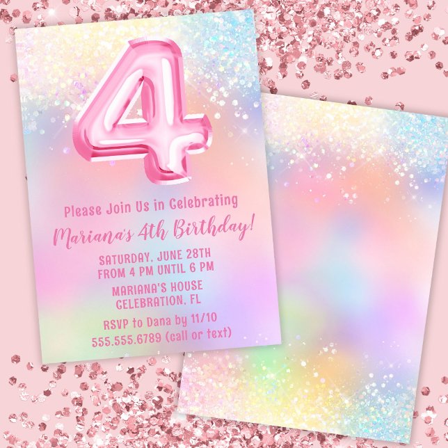 Pink Rainbow 4th Birthday Invitation (Creator Uploaded)