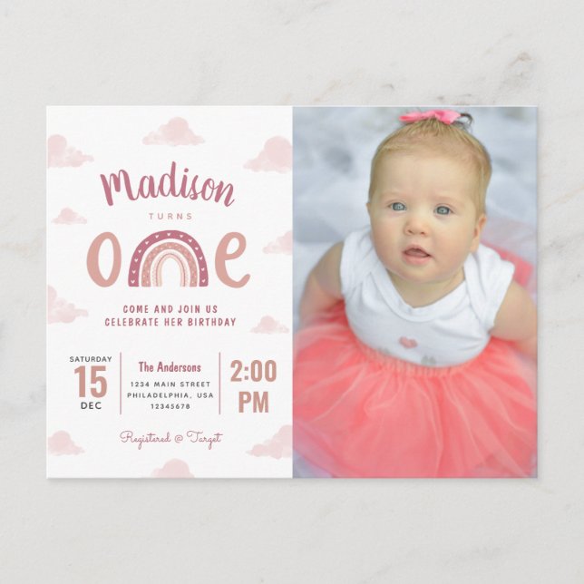 Pink Rainbow and Clouds First Birthday Invitation Postcard (Front)