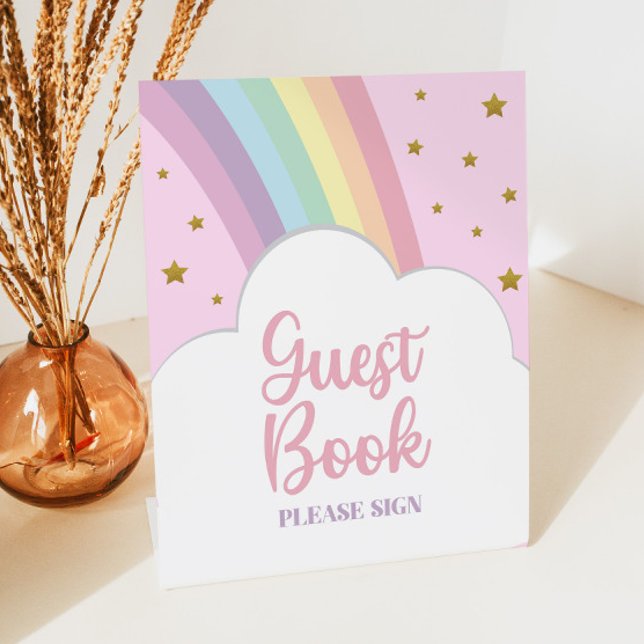 Pink Rainbow and Stars Guest Book Party Table Pedestal Sign (Creator Uploaded)