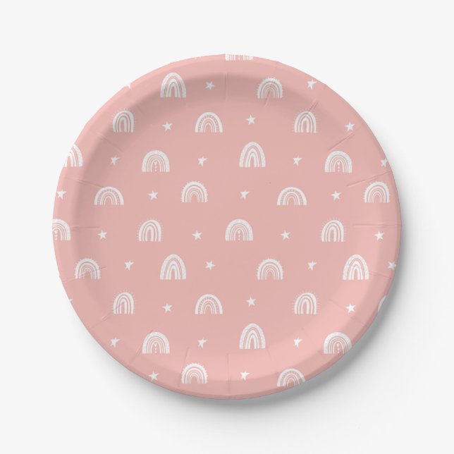 Pink Rainbow and Stars Watercolor Paper Plate (Front)