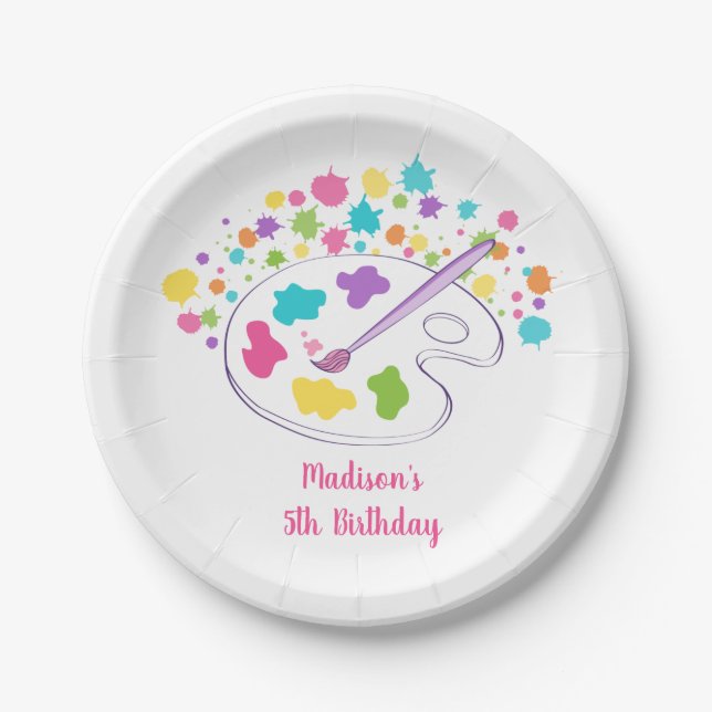 Pink Rainbow Art Party Birthday Paper Plate (Front)