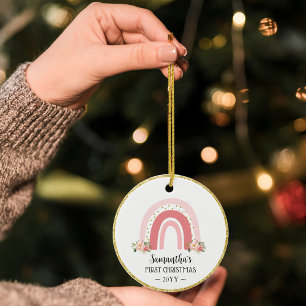 Pink Rainbow Baby First Christmas Double Sided Ceramic Tree Decoration