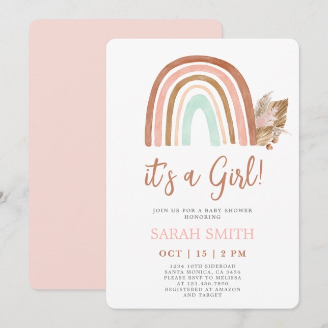 Pink Rainbow Baby Shower girl Invitation (Front/Back)