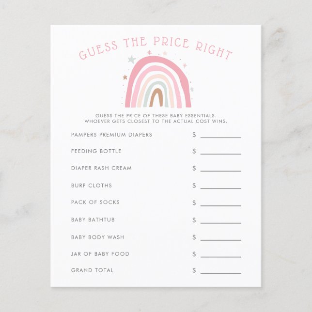 Pink Rainbow Baby Shower Guess The Price Right (Front)
