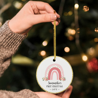 Pink Rainbow Baby's First Christmas with photo Ceramic Tree Decoration
