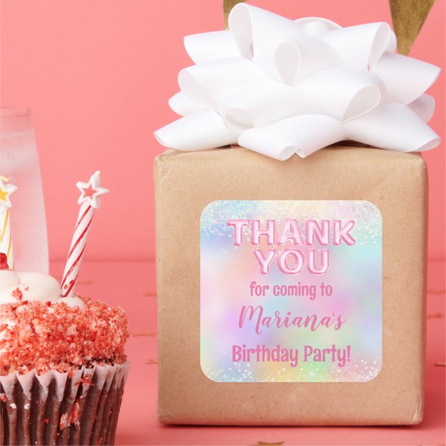 Pink Rainbow Birthday Party Favour Square Sticker (Party)