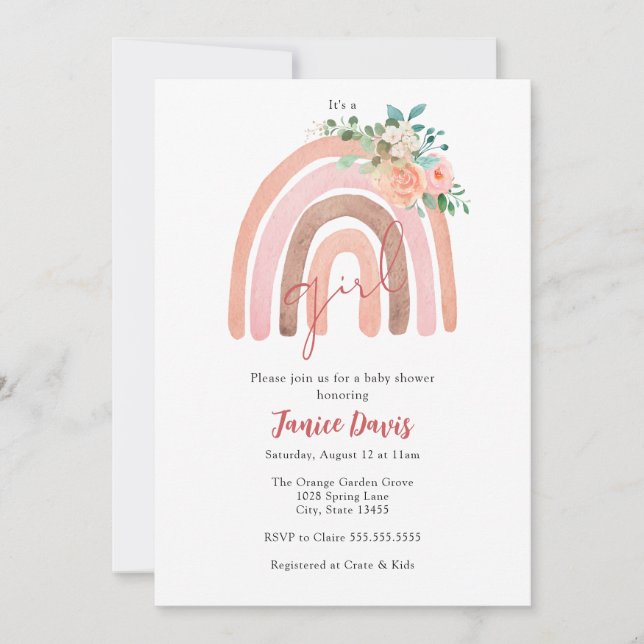 Pink Rainbow, Boho Girl Baby Shower Invitation (Front)