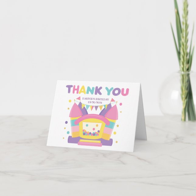 Pink Rainbow Bounce House Birthday Thank You Card (Front)