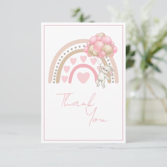 Pink Rainbow Bunny Rabbit Baby Shower Thank You Card (Standing Front)