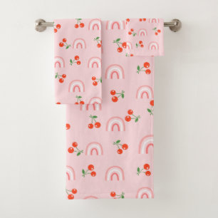 Pink Rainbow Cherry Pattern Bath Towel Set