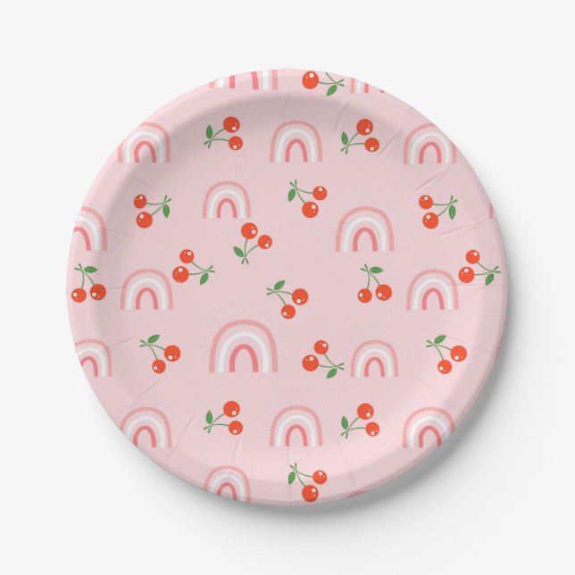 Pink Rainbow Cherry Pattern Paper Plate (Front)