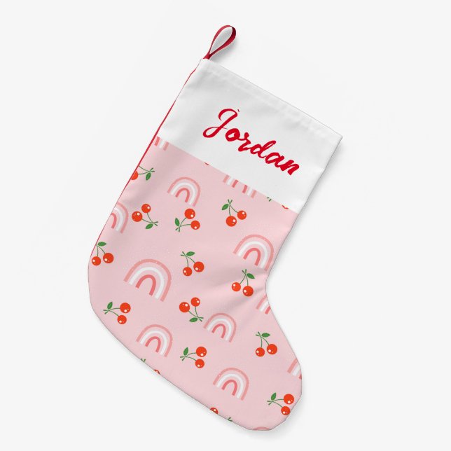 Pink Rainbow Cherry Pattern Small Christmas Stocking (Front (Hanging))