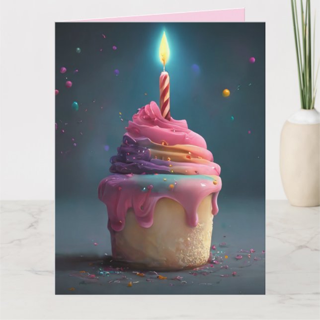 PINK RAINBOW CUPCAKE CANDLE BIG BIRTHDAY CARD (Front)