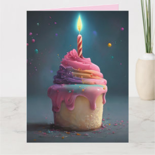 PINK RAINBOW CUPCAKE CANDLE BIG BIRTHDAY CARD