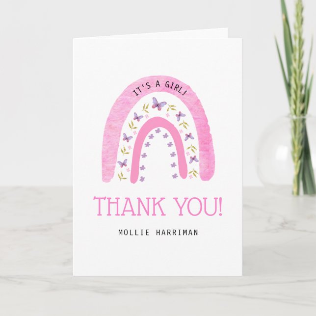 Pink Rainbow Cute Boho Baby Shower Thank You Card (Front)