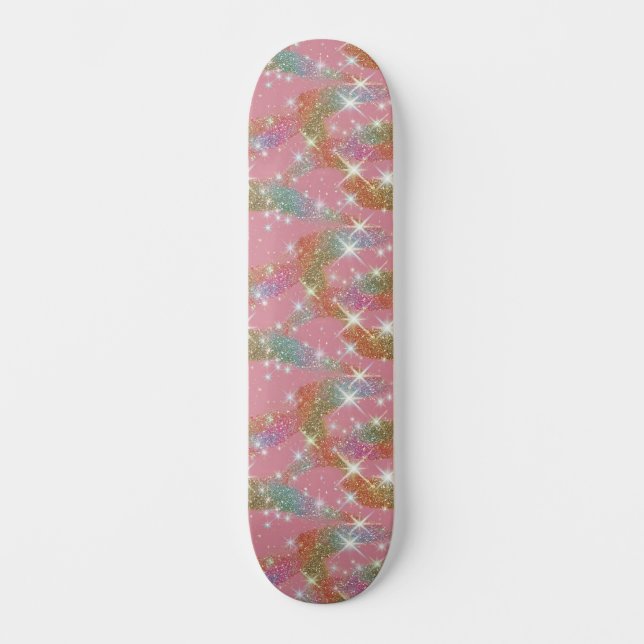 Pink Rainbow Faux Glitter Sparkle Pattern Skateboard (Front)