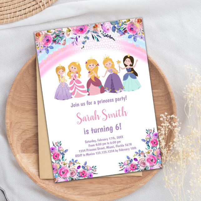 Pink Rainbow Floral Princess Birthday Invitations (Pink Rainbow Floral Princess Birthday Invitations)