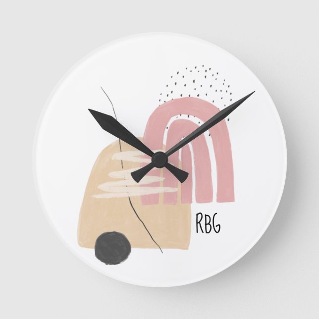 Pink Rainbow Geometric Monogram Pattern Design Round Clock (Front)