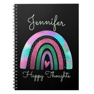 Pink Rainbow Glitter & Heart Girls Custom Black Notebook