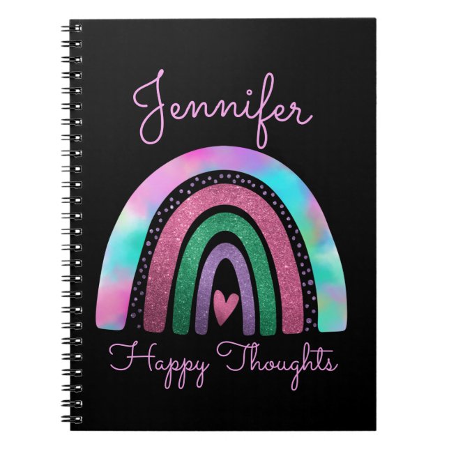 Pink Rainbow Glitter & Heart Girls Personalized Notebook (Front)