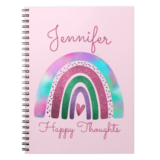 Pink Rainbow Glitter & Heart Girls Personalized Notebook (Front)
