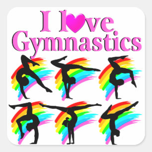 PINK RAINBOW I LOVE GYMNASTICS DESIGN SQUARE STICKER