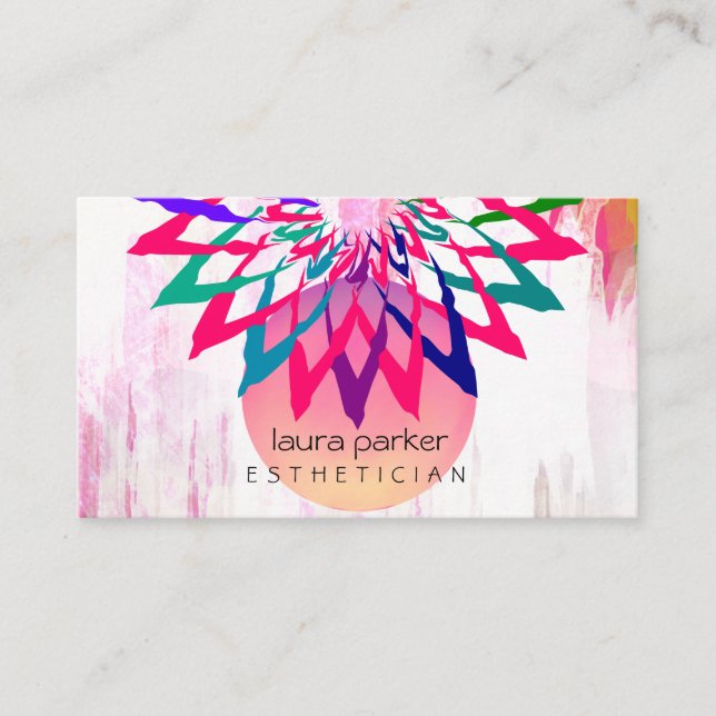 Pink Rainbow Lotus Flower Yoga Teacher Meditation  Business Card (Front)