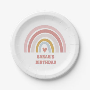 "Pink Rainbow Party Plate – Heart & custom Name"