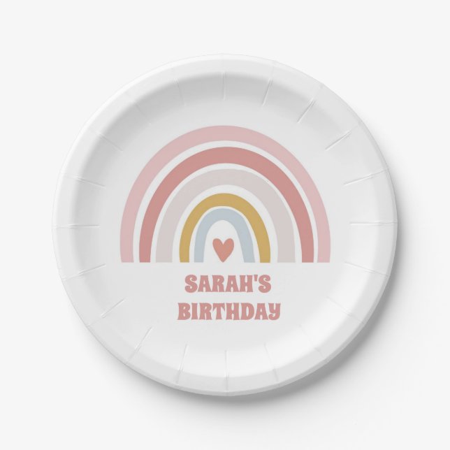 "Pink Rainbow Party Plate – Heart & custom Name" (Front)